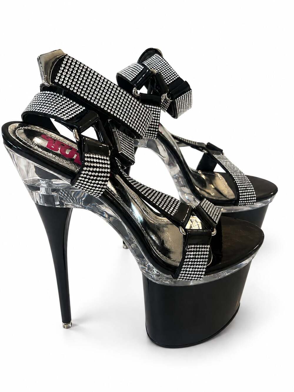 Golden Bulls Black Slim Stiletto 8" Heel Rhinestone Harness Strap Platform Shoes